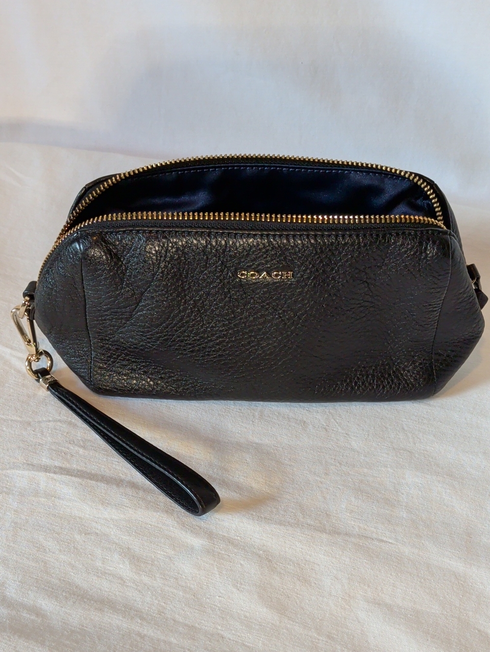 Coach Black Pebbled Leather Zip Wristlet with Gold Hardware